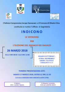 Locandina INDIZIONE VOTAZIONI SINDACO RAGAZZI 2018